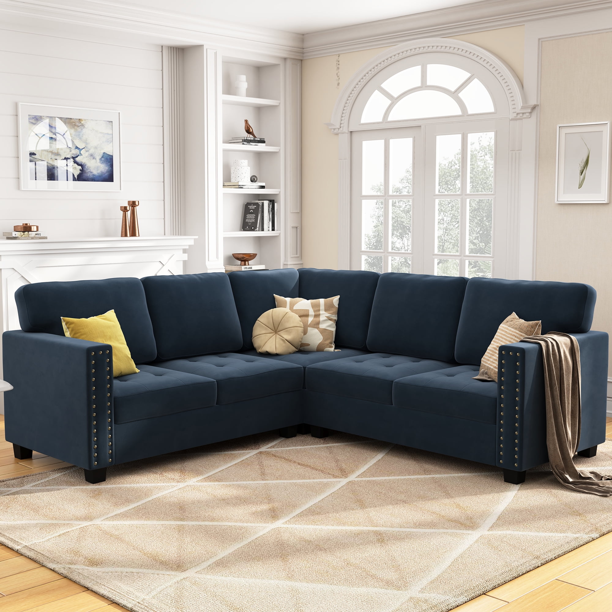HONBAY Modern L Shape Sectional Sofa Sets with Biscuit Tufted Design for Living Room Dark Navy Blue