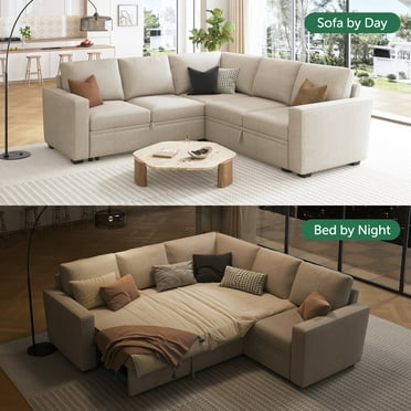 HONBAY Modern L-Shaped Pull-Out Sectional Sleeper Sofa Bed with Storage for Living Room, Beige