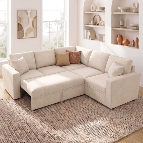 Marrber Modern L-Shaped Pull-Out Sectional Sleeper Sofa Bed with Storage for Living Room, Beige