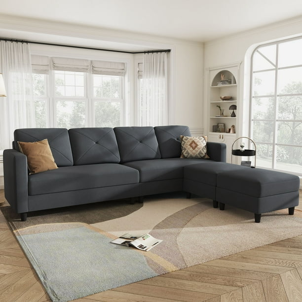 HONBAY Modern Linen Fabric Couch L Shape Sectional Sofa Sets for Living Room Dark Grey Walmart Business Supplies