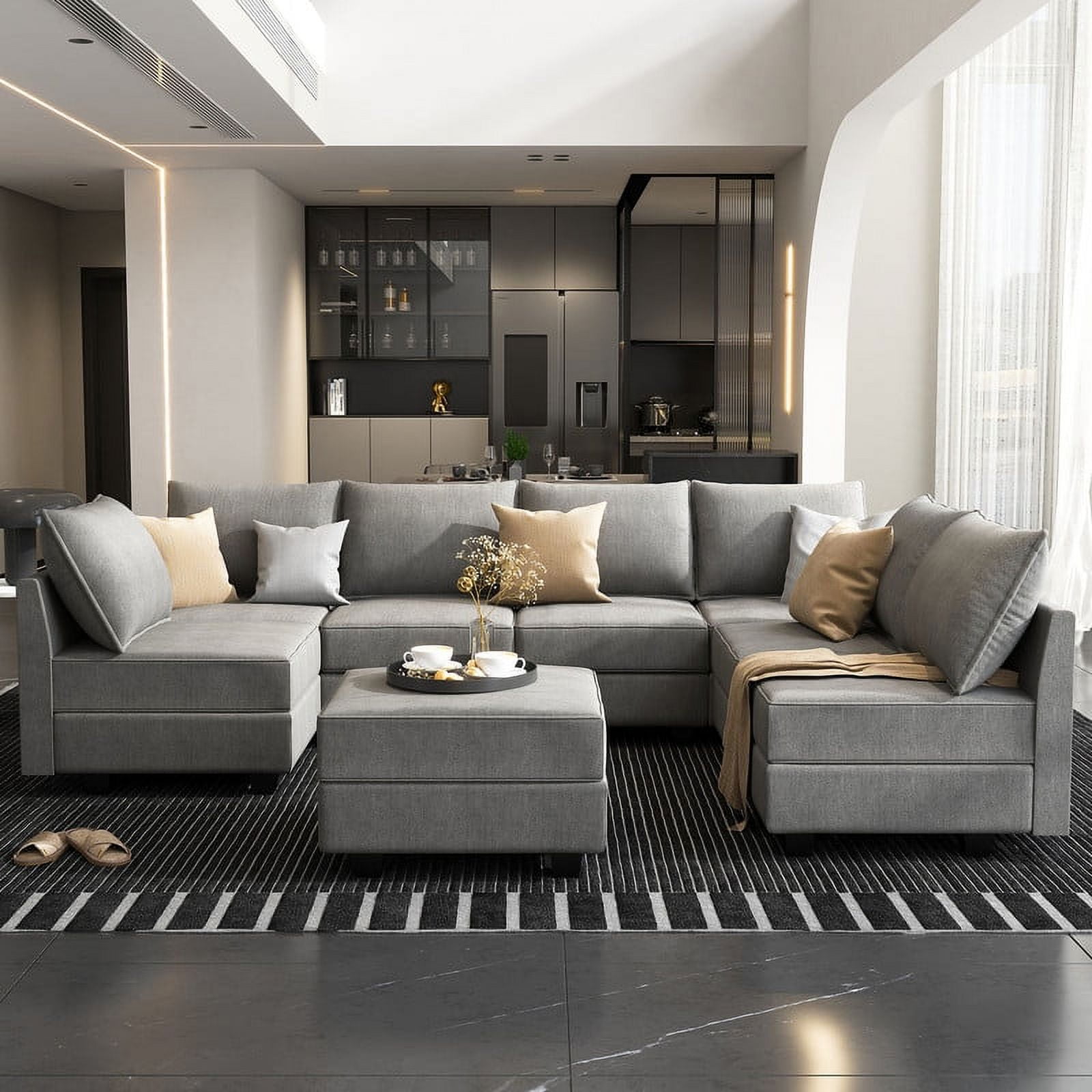 HONBAY Modern Living Room Furniture Sofa Set with Storage Ottomans ...