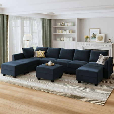 HONBAY U-Shaped Convertible Velvet Modular Sectional Sofa Couch, Navy Blue