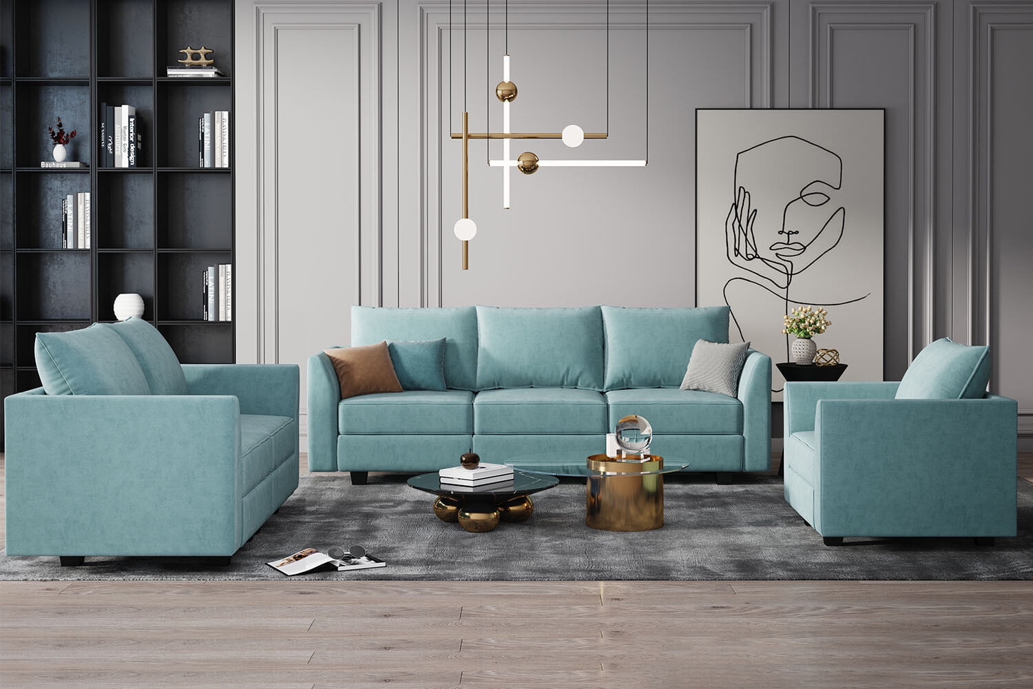Aqua Blue Polyester Blend 3-Piece Modular Sofa Set