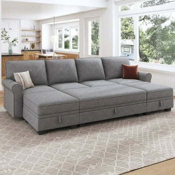 HONBAY Modern Sectional Sofa Set Storage Couch Bed for Living Room and Apartment, Light Grey