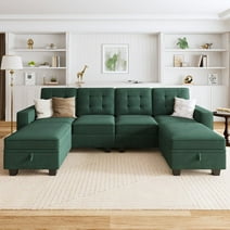 HONBAY Modern Sectional Sofa with Storage Ottomans and Reversible Chaises for Living Room, Dark Green