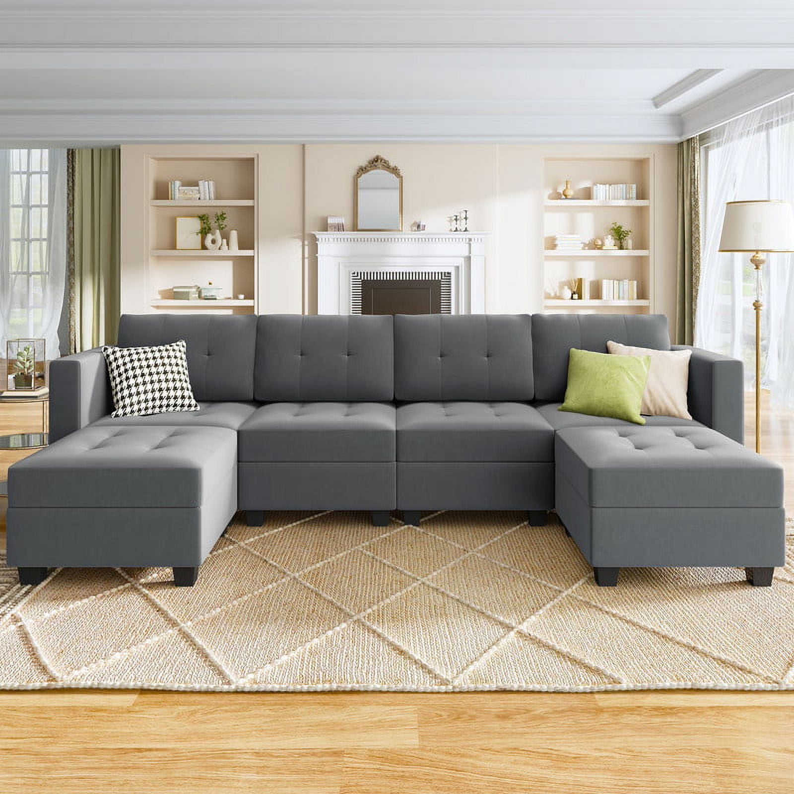 HONBAY Modern Tufted Sofa with Reversible Chaises and Storage Space in