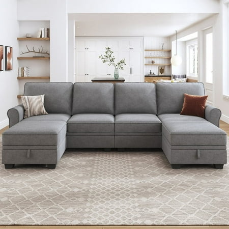 HONBAY Modern U-Shaped Sectional Couch Set with Storage Space and Storage Ottomans for Living Room, Light Grey