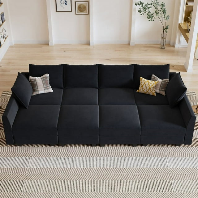 HONBAY Modern Upholstered Sofa Couch Bed with Movable Storage Ottoman for Apartment, Black