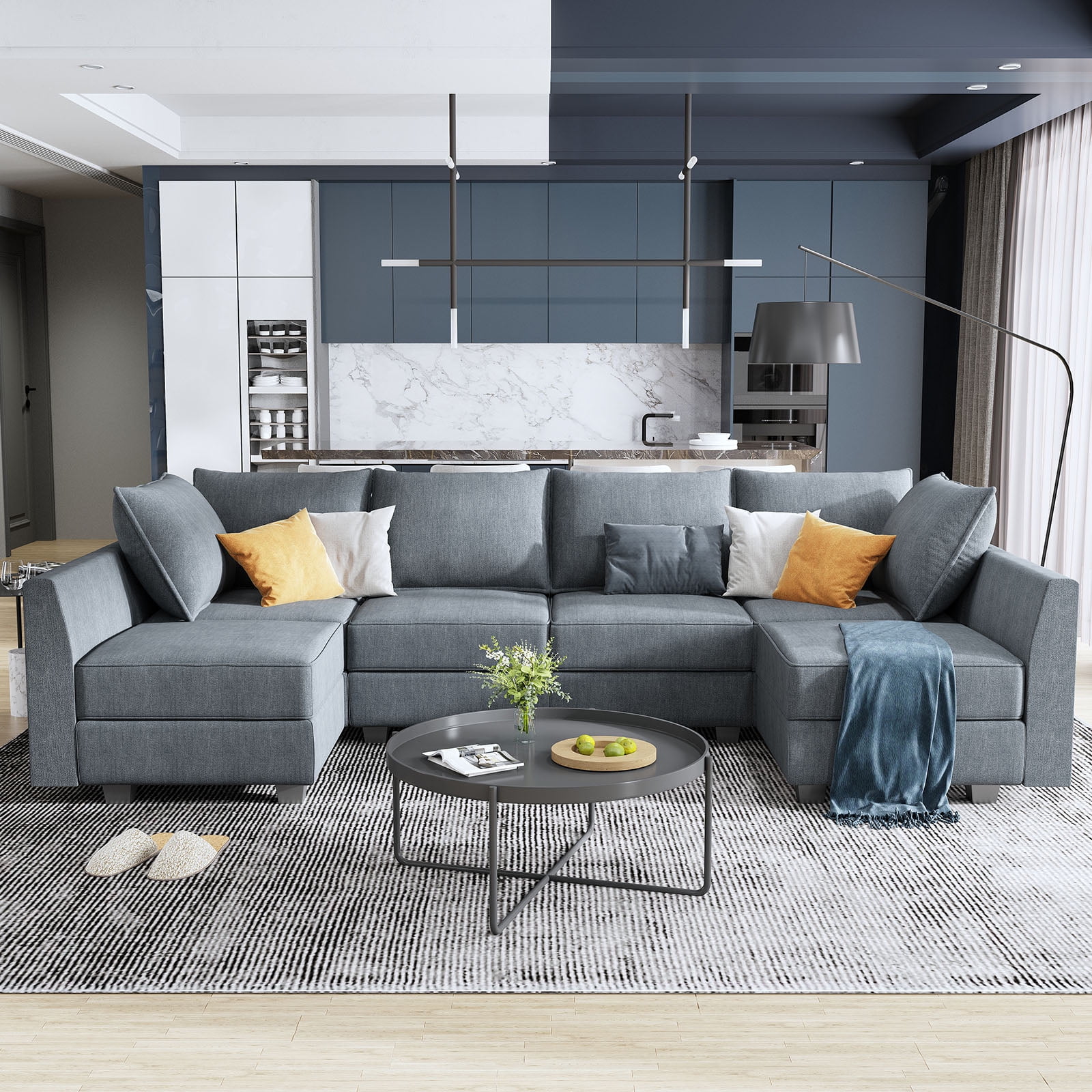 HONBAY Modern Upholstered UShaped Couch Convertible Living Room