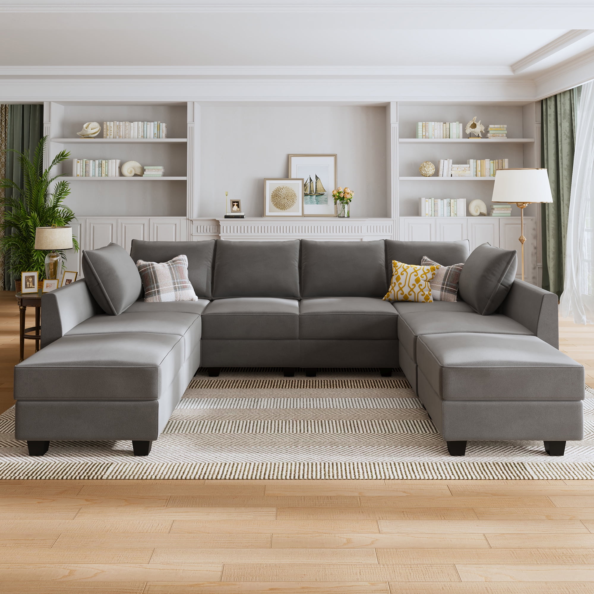 HONBAY Modern Velvet Grey Sectional Storage Sofa Couch with Reversible