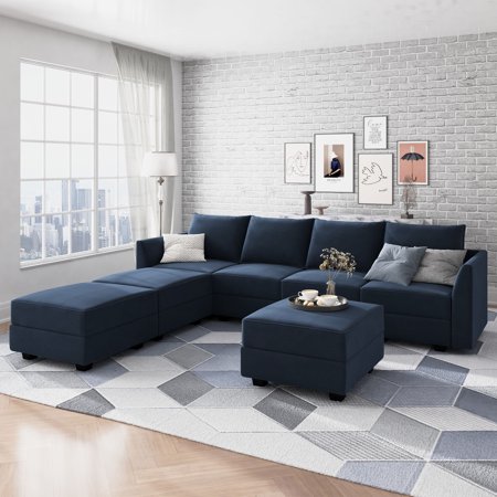 HONBAY Modern Velvet Modular Sofa with Storage Ottomans & Chaises for Living Room, Navy Blue