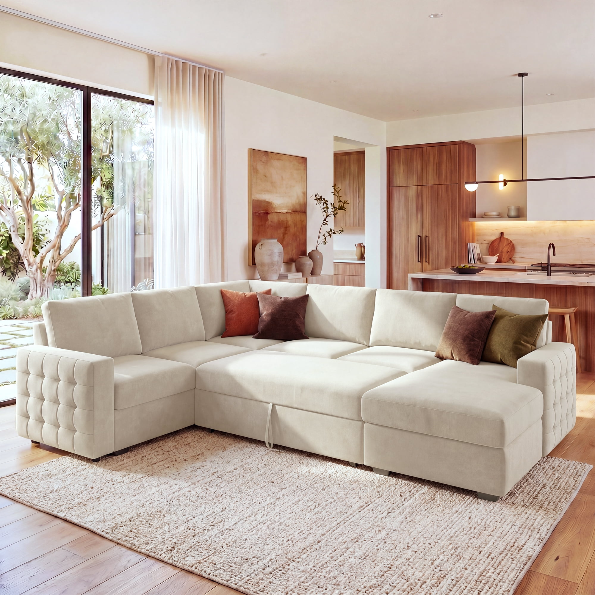 Marrber Velvet Sectional Sleeper Sofa Bed with Pull-Out Couch Bed with Storage for Living Room, Beige
