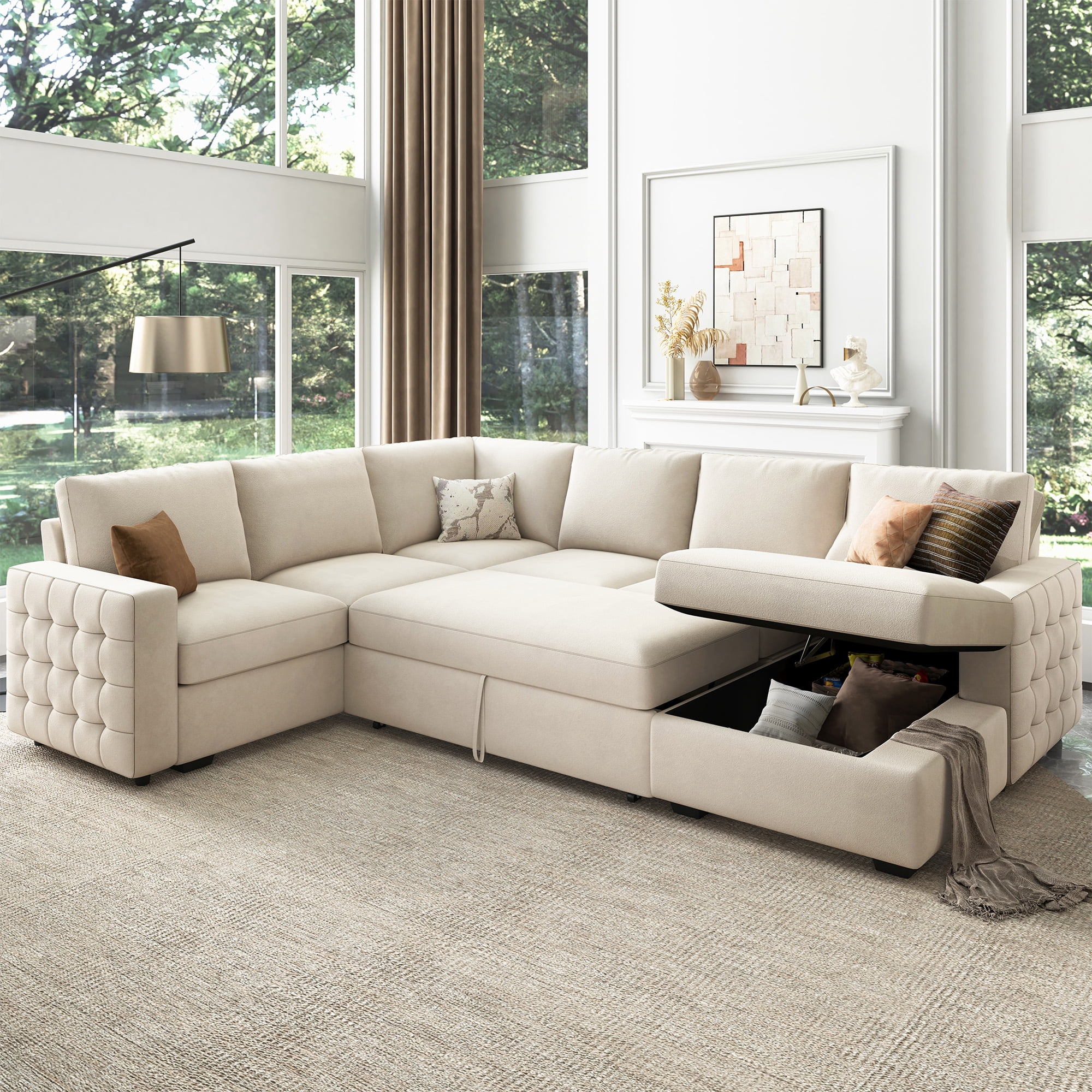 HONBAY Velvet Sleeper Sofa Bed, PullOut Couch with Storage, Beige