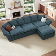 HONBAY Blue 106" L-Shaped Modular Sectional Sofa with Plush Pillow Back & Storage Seats, Adjustable Arms and Pet-Friendly Corduroy