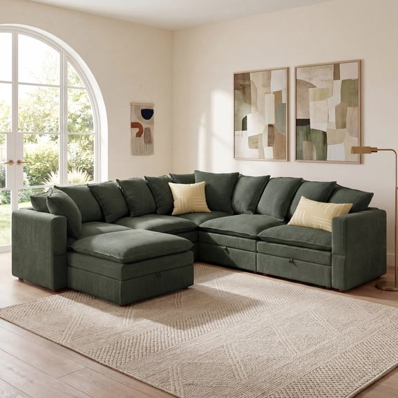 HONBAY Green Oversized Corner Modular Sectional with Under-Seat Storage, Movable Ottoman and Adjustable Arms in Plush Cloud Corduroy