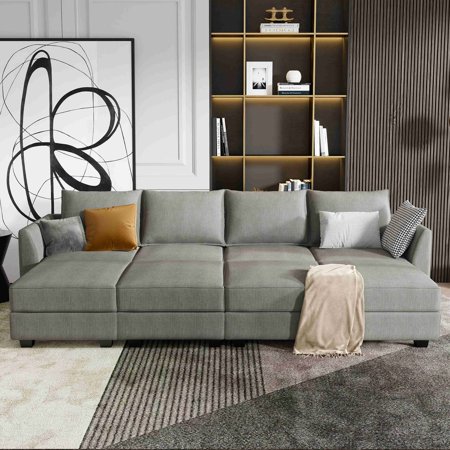 HONBAY Modular Sectional Fabric Sofa Bed U-Shaped Sofa Couch with Storage Storage and Ottomans, Gray