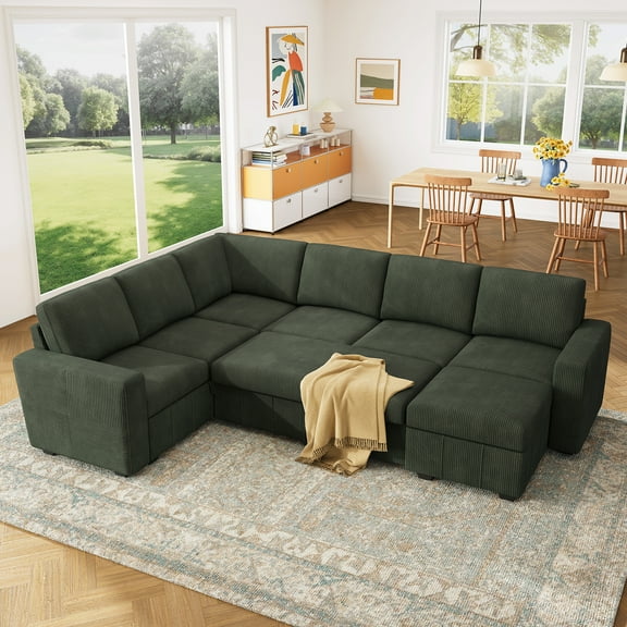 Marrber Modular Sectional Sleeper Sofa with Pull Out Bed, Corduroy Sectional Couch with Storage, U Shaped Couches for Living Room, Green