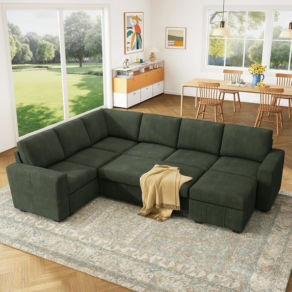 Marrber Modular Sectional Sleeper Sofa with Pull Out Bed, Corduroy Sectional Couch with Storage, U Shaped Couches for Living Room, Green