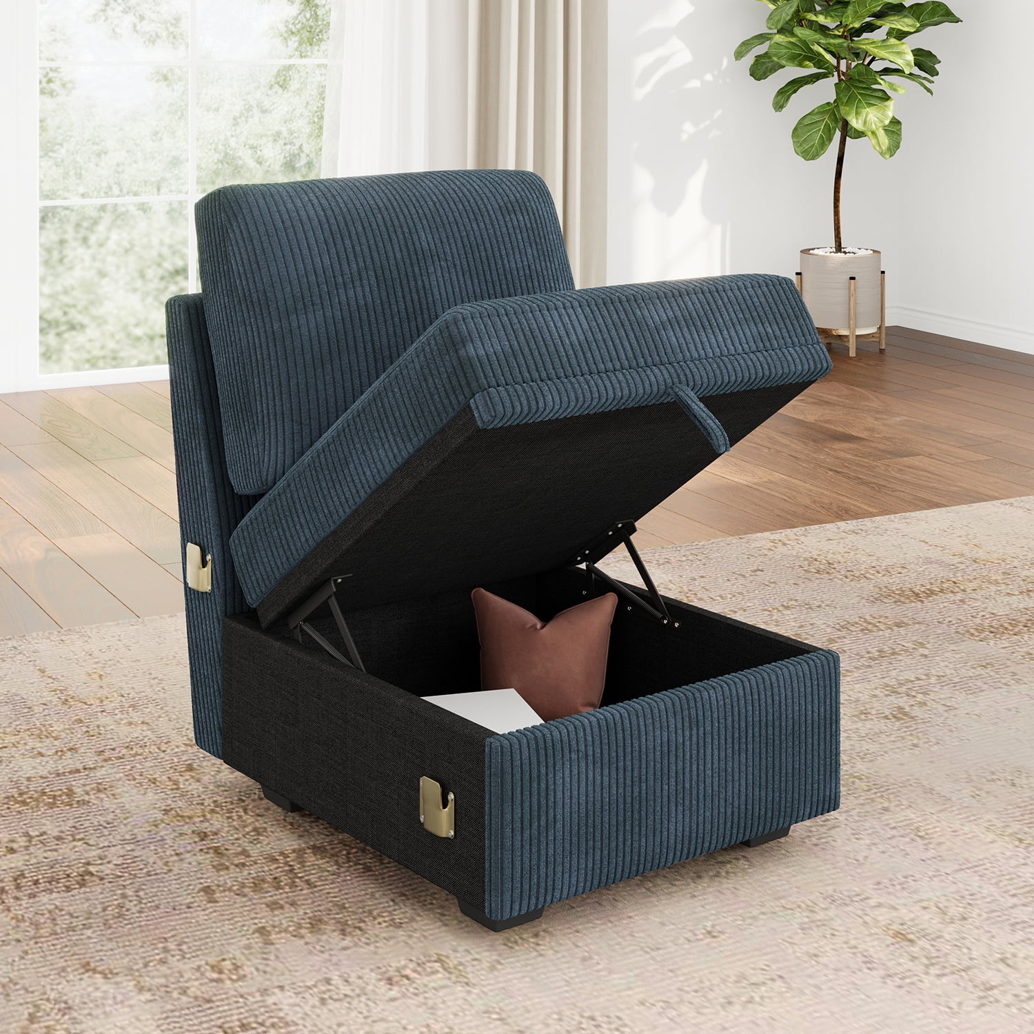 HONBAY Single Seat with Storage for Modular Sectional Sleeper Sofa, Corduroy Blue