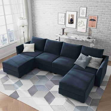 HONBAY Modular Sectional Sofa Convertible U Shaped Couch with Reversible Chaise Velvet Modular Sofa Sectional Couch with Storage Ottoman, Dark Blue