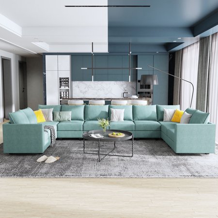 HONBAY Modular Sectional Sofa Couch with Storage Reversible Chaises, U Shaped Sectional Couch for Living Room, Aqua Blue