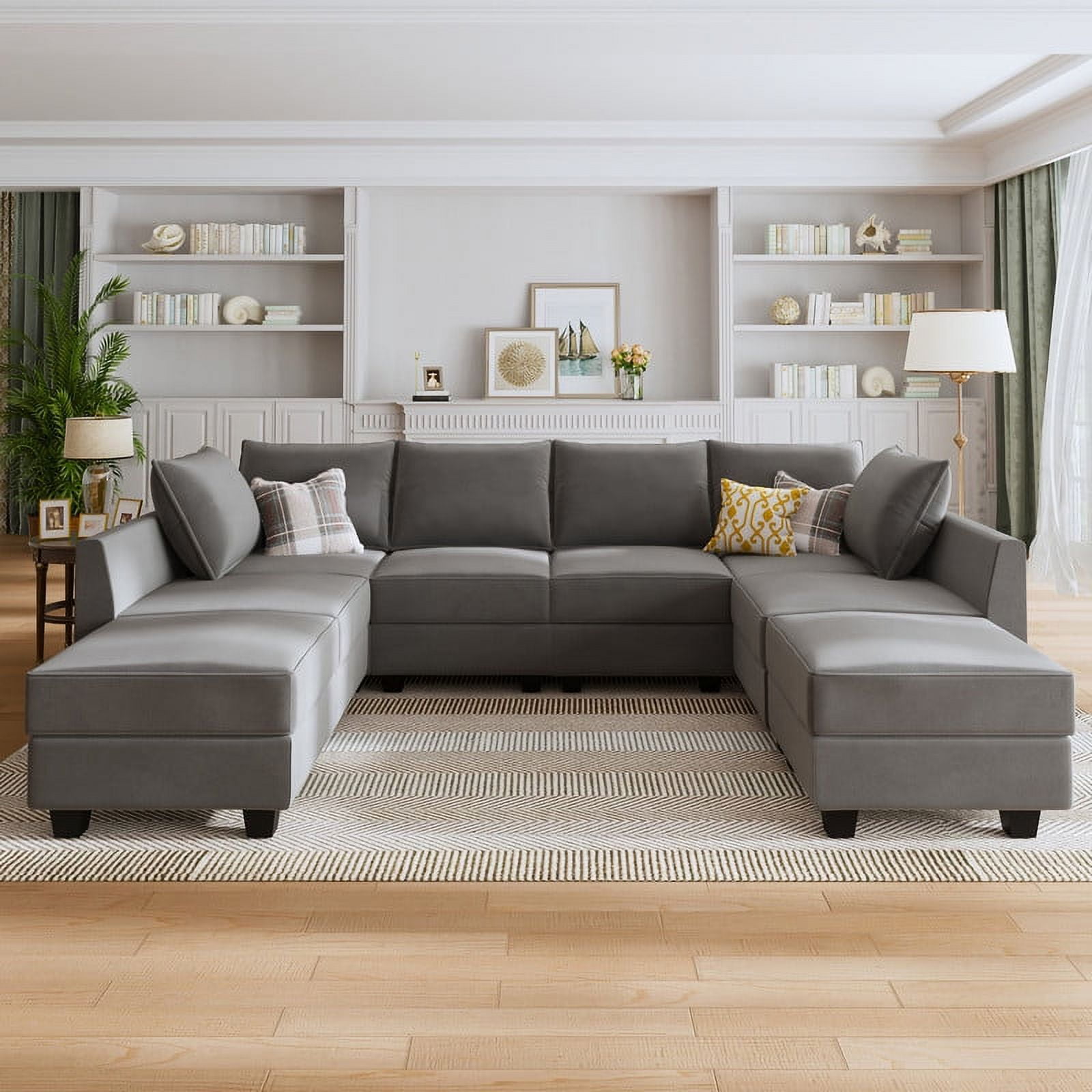 Gray Velvet Modular Sectional Sofa with Storage and Ottoman