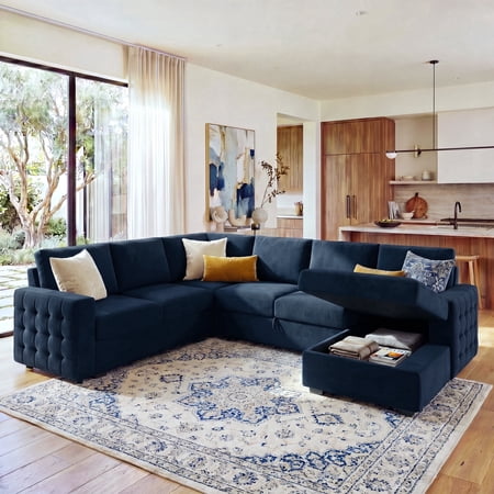 Marrber Modular Sectional Pull-Out Sofa Bed with Storage Velvet U-Shaped Convertible Sleeper Sofa for Living Room, Blue