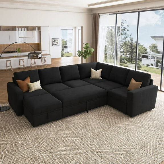 HONBAY Modular Sleeper Sectional Sofa Couch Pull Out Couch for Living Room, Black