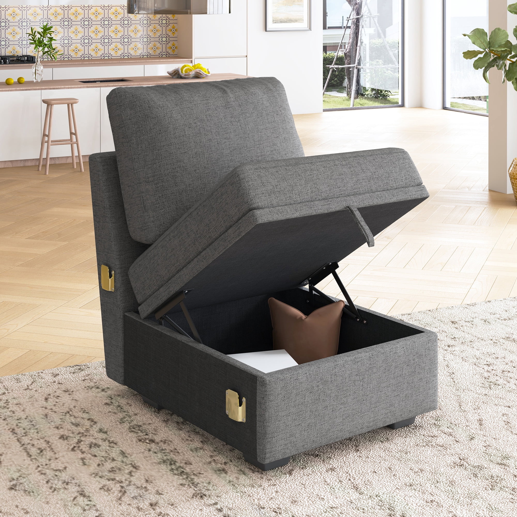 HONBAY Single Seat with Storage for Modular Sectional Sleeper Sofa, Linen Grey