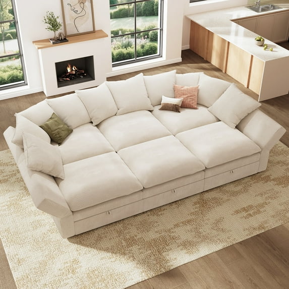Honbay 6-Piece Plush Double-Layer Cushion Corduroy Modular Sleeper Sectional Cloud Sofa for Home Theater Seating, Beige