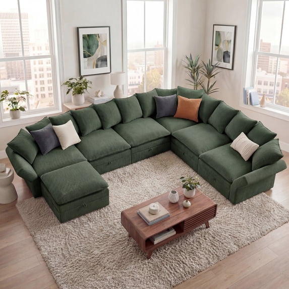 Marrber Green 137" 7-Seat Convertible Modular Sectional with Storage, Plush Pillows & Adjustable Armrests in Pet-Friendly Cloud Corduroy
