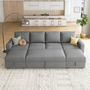 HONBAY Pull Out Sleeper Sofa Set Linen Couch Bed with Storage for Living Room, Grey