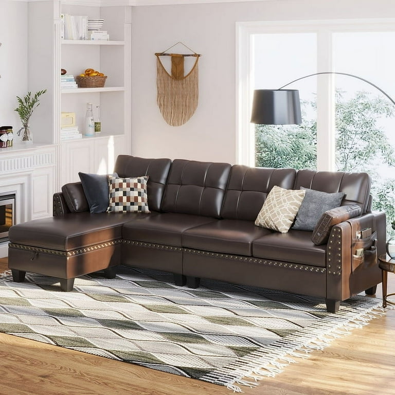 HONBAY Living Room Reversible Faux Leather L Shape 4 Seat Sectional Sofa for Apartment Brown Walmart