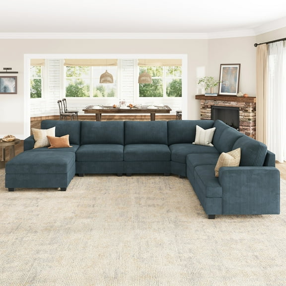 HONBAY Reversible Modular Sectional Sofa U-Shaped, Corduroy Sleeper Sofa Bed with Storage for Living Room, Navy Blue