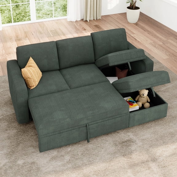 Marrber Reversible Modular Sofa Bed with Storage, Corduroy Green - Pull-Out Sleeper Sectional Couch, Space Saving Design