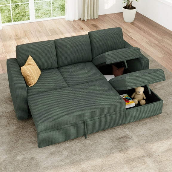 Marrber Reversible Modular Sofa Bed with Storage, Corduroy Green - Pull-Out Sleeper Sectional Couch, Space Saving Design