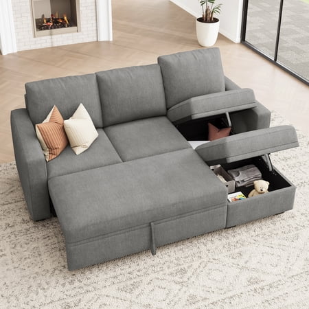 HONBAY 79" Reversible 3 Seat Compact L Shaped Sectional Sleeper Sofa with Pull Out Bed and Storage, Gray Double Colored Velvet