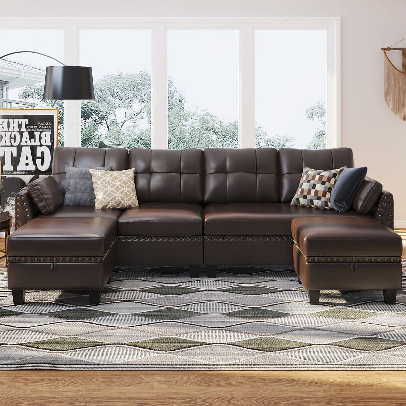 HONBAY Reversible Sectional Leather Couch faux Leather with Storage Ottoman for Living Room