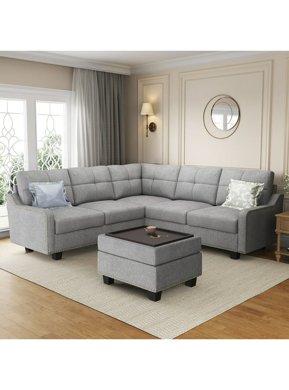 HONBAY Rivet Convertible Sectional Sofa Couch Set with Storage Ottoman for Living Room, Gray