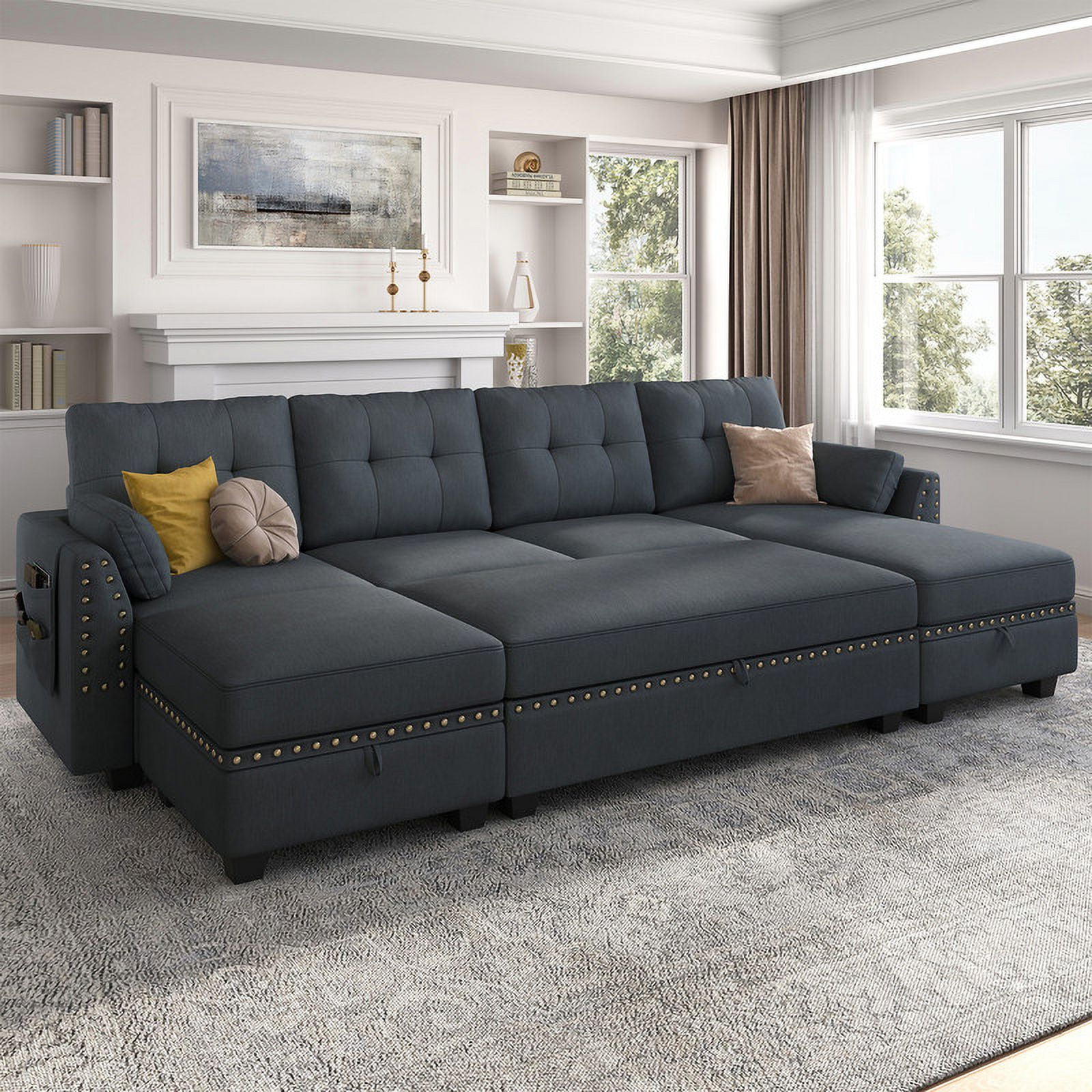 HONBAY Sectional Convertible Sofa Bed Linen Couch L Shaped Sofa with