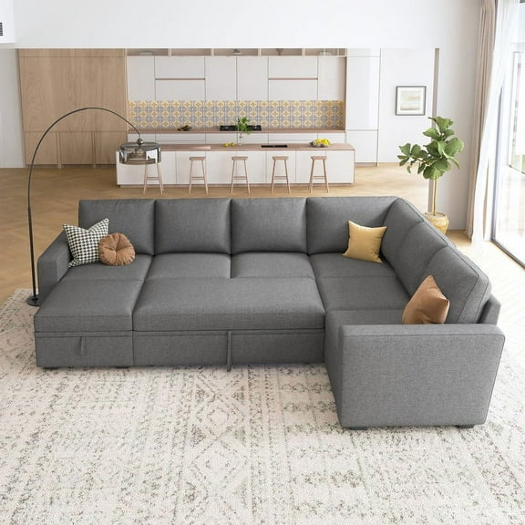 HONBAY Convertible Queen Futon Sectional Sofa with Pull-Out Bed, Loveseat, Ottoman, Gray