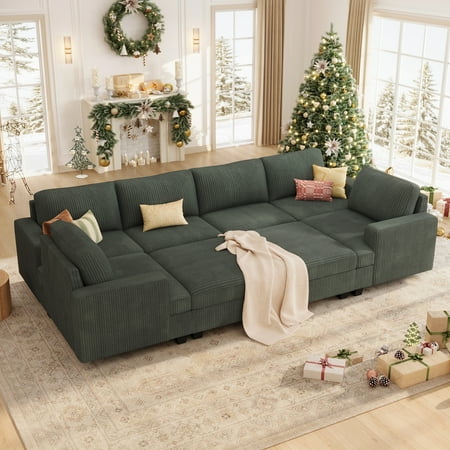 HONBAY Sectional Sofa Bed Corduroy Sleeper Set with Reversible Storage for Living Room, Green