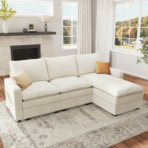 Marrber Sectional Sofa Cloud Couch, 3-Seater L-Shaped Couch with Movable Chaise and Double-Layer Cushion Plush Corduroy Fabric for Living Room, Beige
