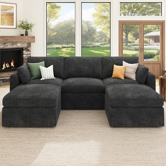 HONBAY Sectional Sofa with Storage, Chenille Upholstered Modular Couch U Shaped 6-Seat for Living Room, Dark Grey