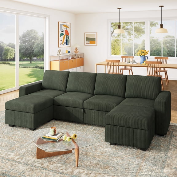 Marrber U-Shaped Convertible Sectional Pull-Out Sofa Bed with Storage Ottoman, Corduroy Cloud Couch for Living Room, Green