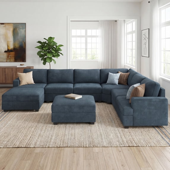 HONBAY U-Shaped Modular Sectional Sofa Set, Convertible Oversize Sleeper Bed with Hidden Storage for Living Room, Corduroy Blue