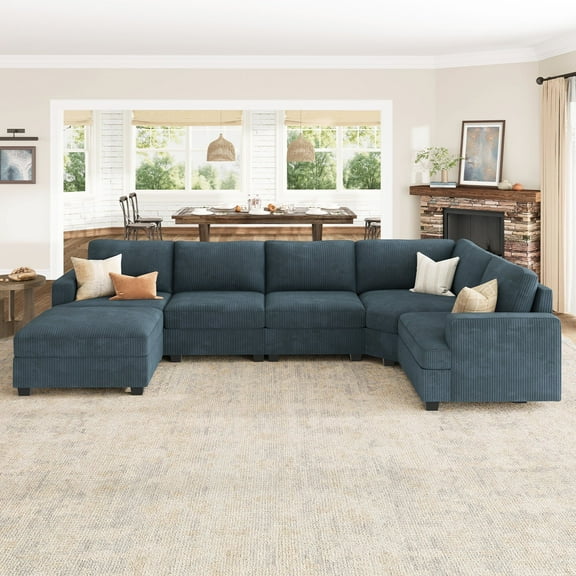 HONBAY U-Shaped Modular Sectional Sofa Set, Convertible Sleeper with Storage Ottoman and Washable Covers for Family Living Room, Blue