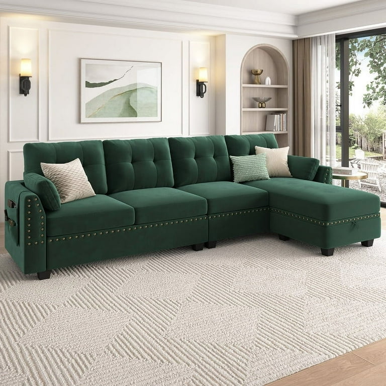 HONBAY Upholstered Convertible Sectional Sofa Couch with Storage for Living Room Furniture Sets Green