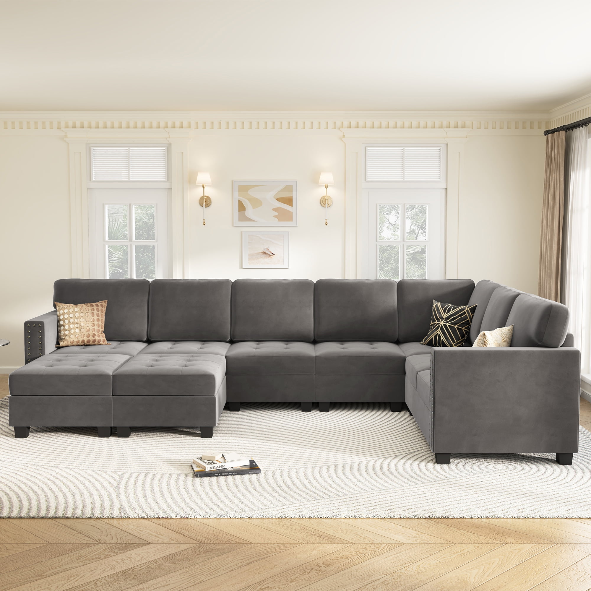 HONBAY Upholstered LShaped Sofa, Corner Couch with Storage Ottoman