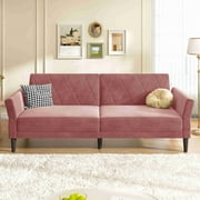 HONBAY Velvet Convertible Folding Pink Futon Sofa Bed with Adjustable Armrests Sleeper Couch for Compact Living Space Apartment,Dusty Pink